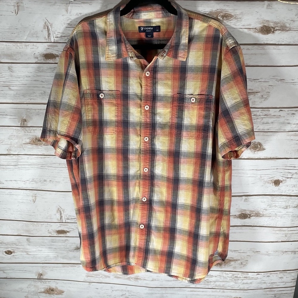 Men's XXL Plaid Button-Up Shirt Short Sleeve Casual Orange 90s Grunge Indie Rock
